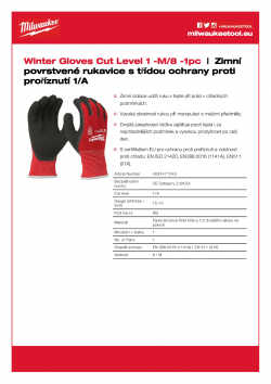 MILWAUKEE Winter Level 1 Gloves Zimní povrstvené rukavice s třídou ochrany proti proříznutí 1 - M / 8 - 1ks 4932471343 A4 PDF