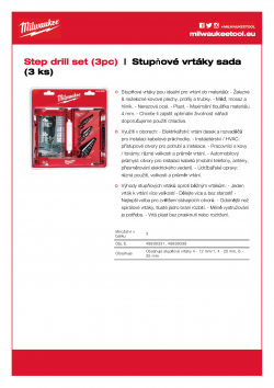 MILWAUKEE Step drill sets Sada stupňových vrtáků (3 ks) 48899399 A4 PDF