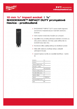 MILWAUKEE ½" impact sockets - deep 10 mm ½" průmyslová hlavice prodloužená 4932352848 A4 PDF
