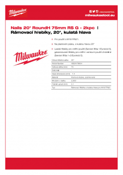 MILWAUKEE 20° Framing Nails Rámovací hřebíky, 20°, kulatá hlava 3.1x75 mm RS G-P2000 4932479954 A4 PDF