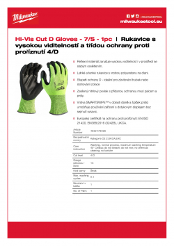 MILWAUKEE Hi-Vis Cut D Gloves Rukavice s vysokou viditelností a třídou ochrany proti proříznutí 4/D - - 8/M - 1 ks 4932479926 A4 PDF