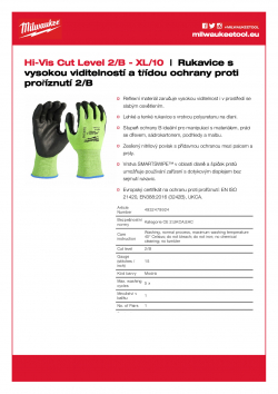 MILWAUKEE Hi-Vis Cut Level 2/B Gloves Rukavice s vysokou viditelností a třídou ochrany proti proříznutí 2/B - 10/XL - 1 ks 4932479924 A4 PDF