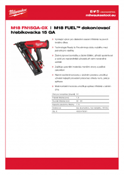 MILWAUKEE M18 FN15GA M18 FUEL™ dokončovací hřebíkovačka 15 GA 4933478091 A4 PDF