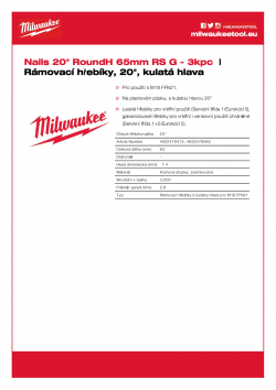 MILWAUKEE 20° Framing Nails Rámovací hřebíky, 20°, kulatá hlava 2.8x65 mm RS G-P3000 4932479953 A4 PDF