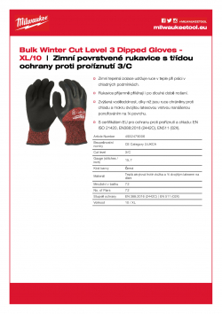 MILWAUKEE Winter Level 3 Gloves Zimní rukavice odolné proti proříznutí stupeň ochrany 3/C velké balení XL/10 4932479006 A4 PDF