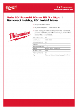 MILWAUKEE 20° Framing Nails Rámovací hřebíky, 20°, kulatá hlava 1x80 mm RS G-P2000 4932479955 A4 PDF