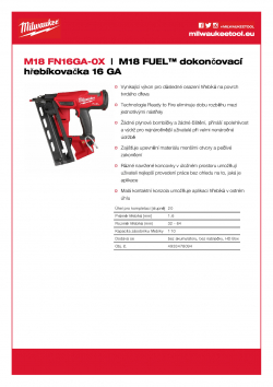 MILWAUKEE M18 FN16GA M18 FUEL™ dokončovací hřebíkovačka 16 GA 4933478094 A4 PDF