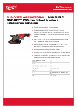 MILWAUKEE M18 ONEFLAG230XPDB M18 FUEL™ ONE-KEY™ 230 mm úhlová bruska s kolébkovým spínačem 4933478781 A4 PDF