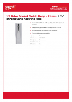MILWAUKEE 1/2 Drive Sockets ½″ prodloužený nástrčný klíč - 21 mm 4932480041 A4 PDF