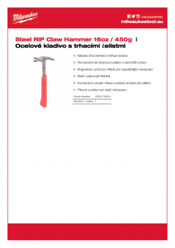 MILWAUKEE Steel RIP Claw Hammer Ocelové kladivo s trhacími čelistmi 16oz/450g 4932478653 A4 PDF