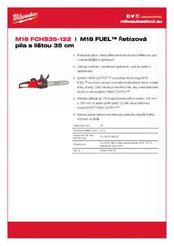 MILWAUKEE M18 FCHS35 M18 FUEL™ Řetězová pila s lištou 35 cm 4933479679 A4 PDF