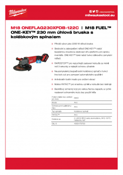 MILWAUKEE M18 ONEFLAG230XPDB M18 FUEL™ ONE-KEY™ 230 mm úhlová bruska s kolébkovým spínačem 4933478783 A4 PDF
