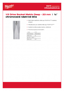 MILWAUKEE 1/2 Drive Sockets ½″ prodloužený nástrčný klíč - 23 mm 4932480043 A4 PDF