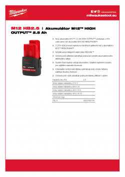 MILWAUKEE M12 HB2.5 Akumulátor M12™ HIGH OUTPUT™ 2.5 Ah 4932480164 A4 PDF