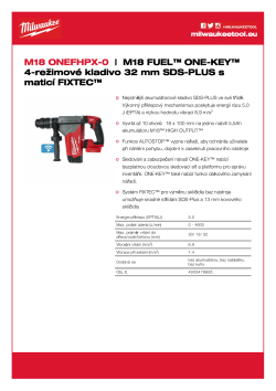 MILWAUKEE M18 FUEL™ ONE-KEY™ 4-režimové kladivo 32 mm SDS-PLUS se sklíčidlem FIXTEC™ 4933478885 A4 PDF