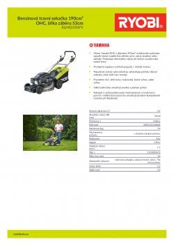 RYOBI RLM53190YV Benzinová travní sekačka 190cm³ OHC, šířka záběru 53cm 5133003672 A4 PDF