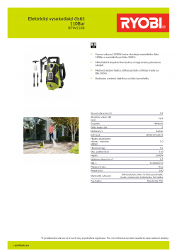 RYOBI RPW110B Elektrický vysokotlaký čistič 110Bar 5133003747 A4 PDF