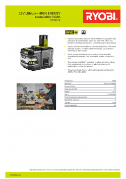 RYOBI RB18L90 18V Lithium+ HIGH ENERGY akumulátor 9.0Ah 5133002865 A4 PDF