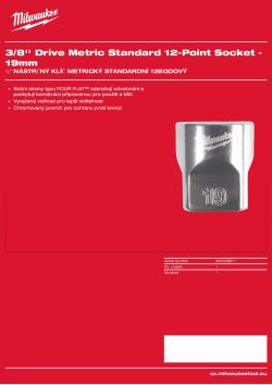 MILWAUKEE ⅜″ nástrčný klíč metrický standardní 12hranný 19 mm 4932498811 A4 PDF