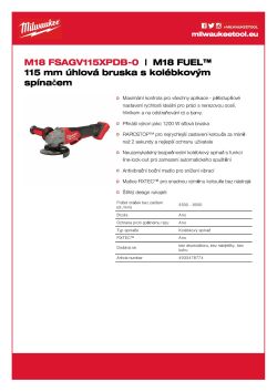 MILWAUKEE M18 FUEL™ 115 mm úhlová bruska s kolébkovým spínačem 4933478774 A4 PDF