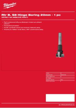 MILWAUKEE Vrták na miskové panty, stopka 8 mm, průměr 20 mm – 1 ks 4932501042 A4 PDF