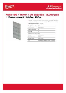 MILWAUKEE Dokončovací hřebíky 16G/45 mm/20° G-P2000 4932459142 A4 PDF