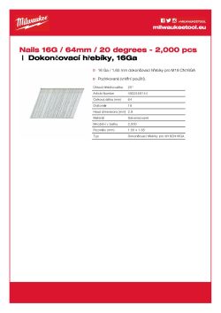 MILWAUKEE Dokončovací hřebíky 16G/64 mm/20° G-P2000 4932459144 A4 PDF