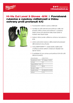 MILWAUKEE Hi-Vis Cut Level 3 Gloves Povrstvené rukavice s vysokou viditelností a třídou ochrany proti proříznutí 3 - M/8 - 1 ks 4932478131 A4 PDF