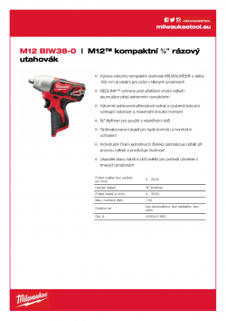 MILWAUKEE M12 BIW38 M12™ kompaktní ⅜″ rázový utahovák 4933441985 A4 PDF