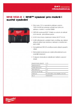 MILWAUKEE M18 VC2 M18™ vysavač pro mokré i suché vysávání 4933464029 A4 PDF