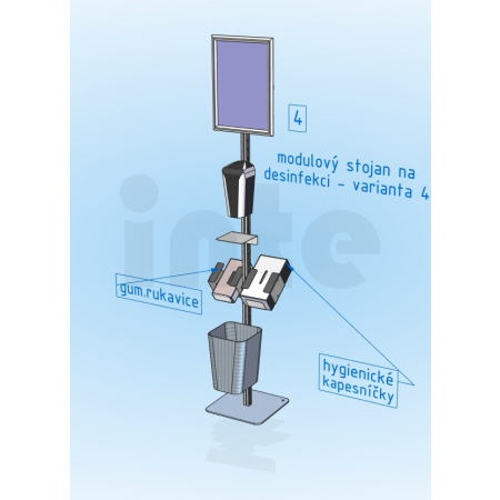Univerzální stojan s bezdotykovým dávkovačem, info tabulkou, zásobníkem na kapesníčky a gum. rukavice a košem