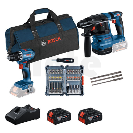 Bosch - 18V AKU sada vrtacího šroubováku GSR 18V-45 a vrtacího kladiva GBH 18V-22, s příslušenstvím, 2x aku 4,0 Ah Li-Ion, nabíj