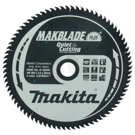Makita - kotouč pilový dřevo MAKBLADEplus 260x2.8x30mm 80Z = old B-08844 STOP B-32655