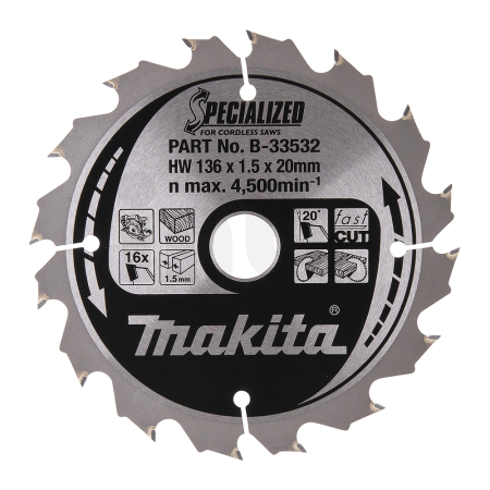 Makita - kotouč pilový dřevo SPECIALIZED 136x1.5x20mm 16Z pro aku pily = old B-10643 B-33532