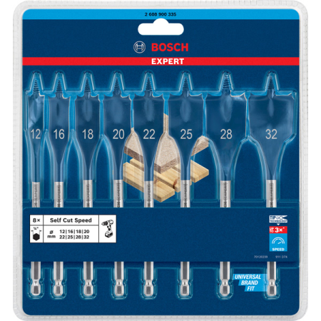 BOSCH 8dílná sada plochých vrtáků do dřeva EXPERT Self Cut Speed, 12/16/18/20/22/25/28/32 mm 2608900335