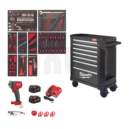 MILWAUKEE Plně vybavená sada nářadí – 246 ks v šedé dílenské ocelové skříni TOOLGUARD™ 30″ / 78 cm, verze EU Premium 4932500743