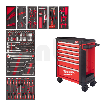 MILWAUKEE Plně vybavená sada nářadí – 206 ks v šedé dílenské ocelové skříni TOOLGUARD™ 30″ / 78 cm, verze EU Standard 4932500744