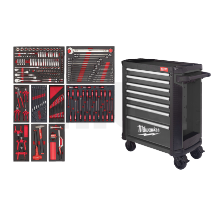 MILWAUKEE Plně vybavená sada nářadí – 206 ks v šedé dílenské ocelové skříni TOOLGUARD™ 30″ / 78 cm, verze EU Standard 4932500744