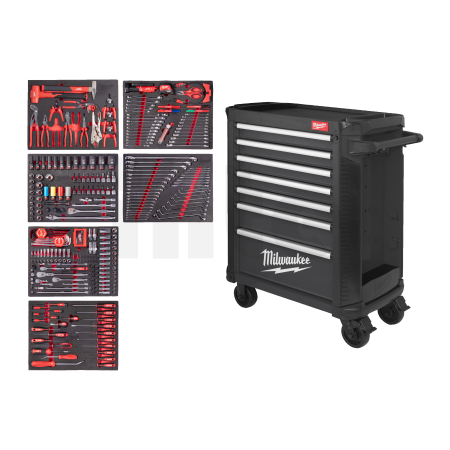 MILWAUKEE Plně vybavená automobilová sada – 337 ks v šedé dílenské ocelové skříni TOOLGUARD™ 30″ / 78 cm 4932500745