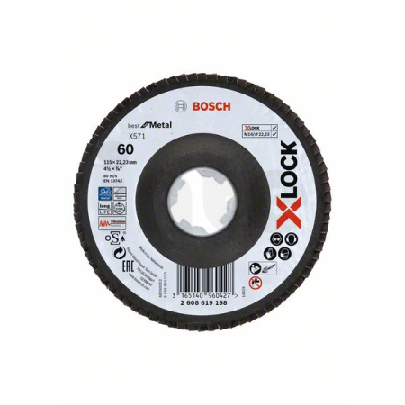 BOSCH Lamelové brusné kotouče Best for Metal systému X-LOCK, šikmá verze, fíbrová deska, Ø 115 mm, G 60, X571, 1 kus 2608619198