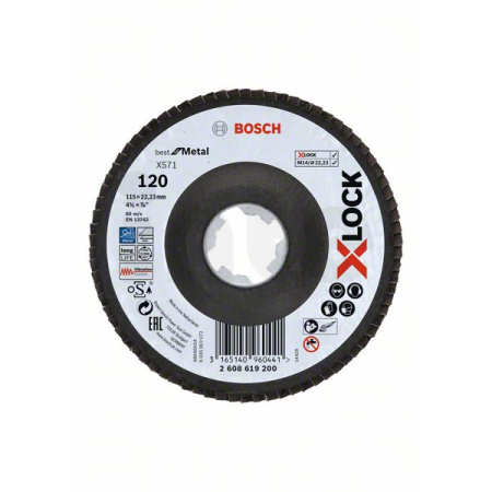 BOSCH Lamelové brusné kotouče Best for Metal systému X-LOCK, šikmá verze, fíbrová deska, Ø 115 mm, G 120, X571, 1 kus 2608619200