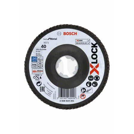 BOSCH Lamelové brusné kotouče Best for Metal systému X-LOCK, šikmá verze, fíbrová deska, Ø 125 mm, G 40, X571, 1 kus 2608619201