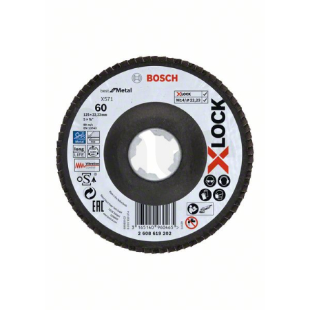 BOSCH Lamelové brusné kotouče Best for Metal systému X-LOCK, šikmá verze, fíbrová deska, Ø 125 mm, G 60, X571, 1 kus 2608619202
