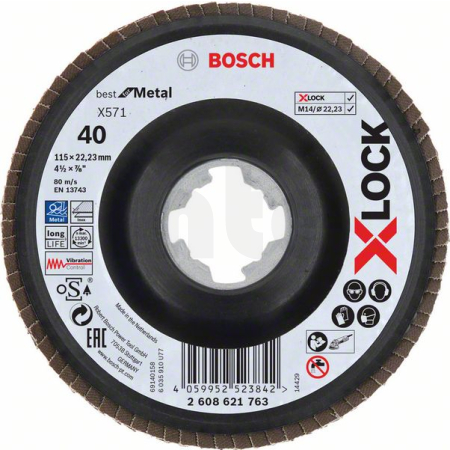 BOSCH Lamelové brusné kotouče Best for Metal systému X-LOCK, šikmá verze, plastový list, Ø 115 mm, G 40, X571, 1 kus 2608621763