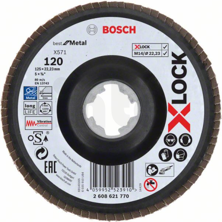 BOSCH Lamelové brusné kotouče Best for Metal systému X-LOCK, šikmá verze, plastový list, Ø 125 mm, G 120, X571, 1 kus 2608621770