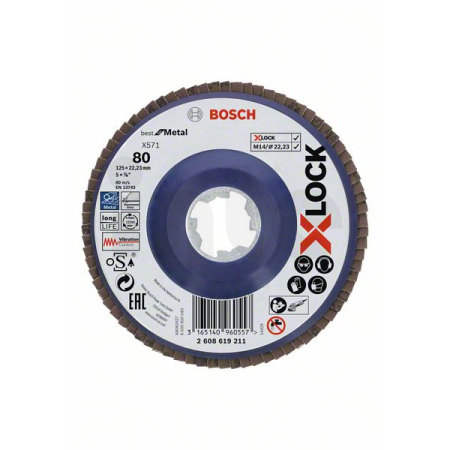 BOSCH Lamelové brusné kotouče Best for Metal systému X-LOCK, rovná verze, plastový list, Ø 125 mm, G 80, X571, 1 kus 2608619211