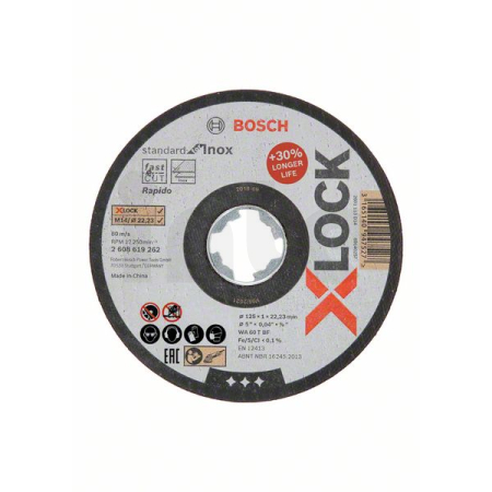 BOSCH Plochý řezný kotouč Standard for Inox systému X-LOCK, 125×1×22,23 mm 2608619262