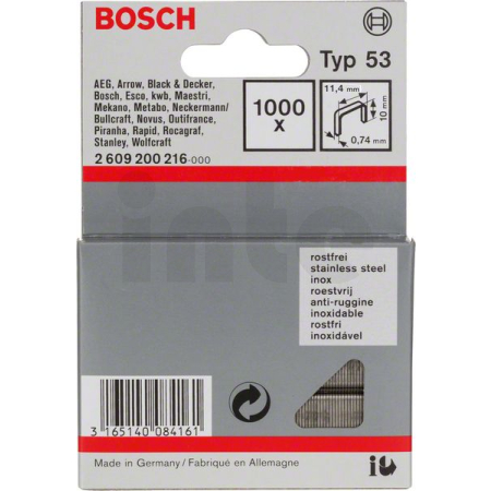 BOSCH Sponky do sponkovačky z tenkého drátu, typ 53, nerezové 2609200216