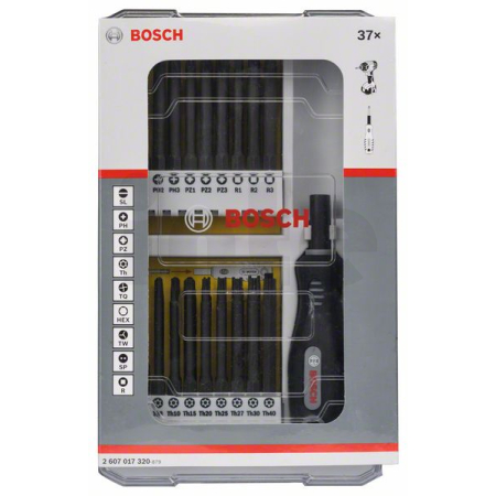 BOSCH Sada 37 kusů šroubovacích nástavců s rukojetí PH, PZ, SL, TH, TQ, H, TW, SP, R a držákem 2607017320