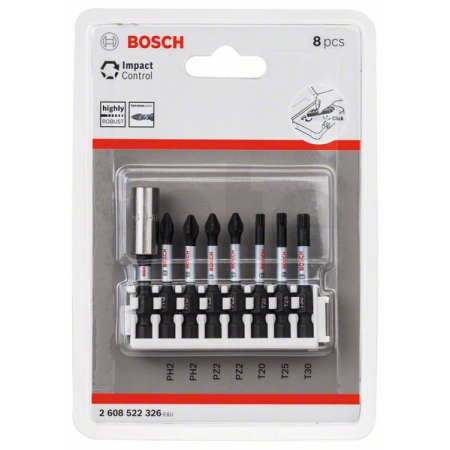 BOSCH 8dílná souprava nástavců Impact Control Power Bit, 2×PH2;2×PZ2;1×T20;1×T25;1×T30 2608522326